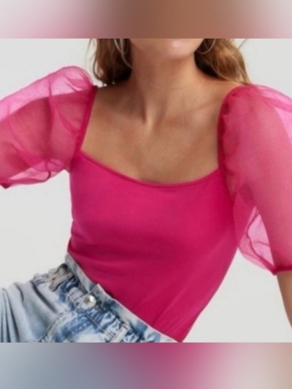 House of Harlow 1960 Hot Pink Fuchsia Organza Sheer Puff Sleeve Square Neck Top